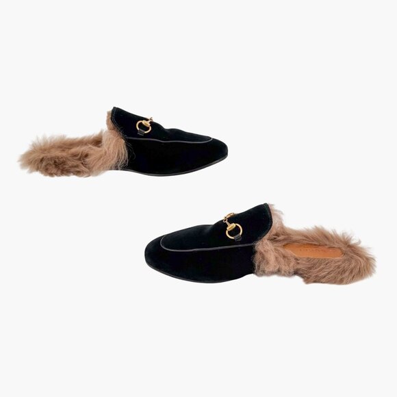 Gucci Princetown Black Velvet Fur Lined Horsebit Mules Size 38.5 US 8.5 Women's - Picture 10 of 15